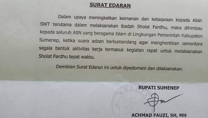 Viral Surat Edaran Bupati Sumenep Minta ASN Salat Tepat Waktu, Aktivitas Harus Disetop saat Azan
