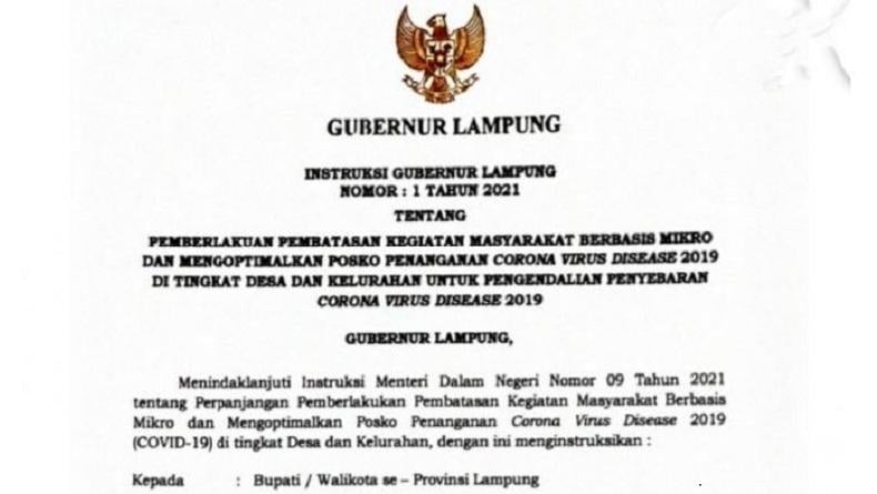 Lampung Berlakukan PPKM Mikro di 15 Kabupaten Kota, Posko Covid-19 Diaktifkan