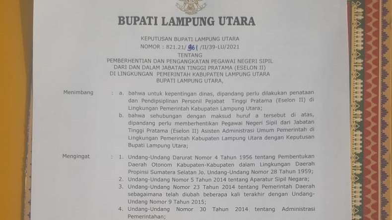 Gegara Kritik Bupati dan Sekda Lampura, Asisten III Dicopot dan Disomasi jelang Pensiun