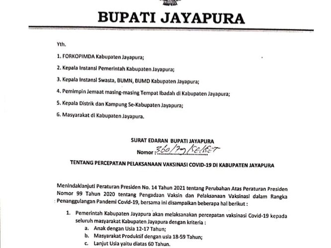 title Bupati Jayapura Terbitkan Surat Edaran Percepatan Pelaksanaan Vaksinasi Covid-19 Bupati Jayapura Terbitkan Surat Edaran Percepatan Pelaksanaan Vaksinasi Covid-19