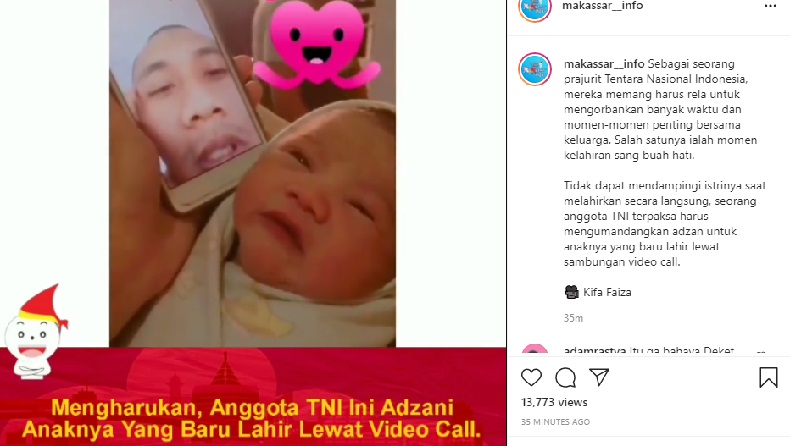 Mengharukan, Prajurit TNI Azankan Anak Baru Lahir lewat Video Call