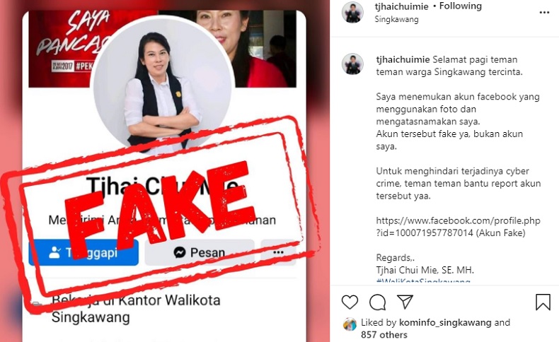 Beredar Akun FB Palsu Wali Kota Singkawang Tjhai Chui Mie
