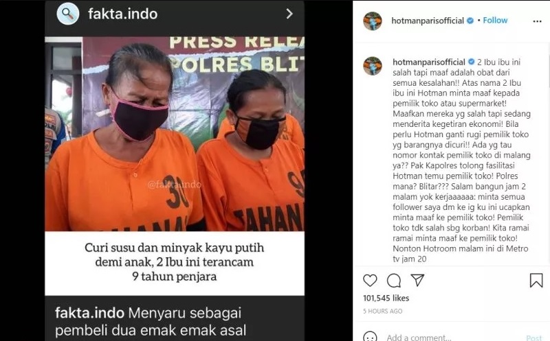 Dua Ibu di Blitar Curi Susu demi Anak, Hotman Paris Siap Ganti Rugi dan Minta Maaf Dua Ibu di Blitar Curi Susu demi Anak, Hotman Paris Siap Ganti Rugi dan Minta Maaf