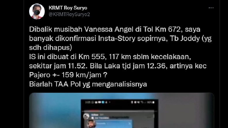 title Roy Suryo Analisis Instagram Story Sopir Vanesa Angel, Kecepatan Mobil 159 Km per Jam Roy Suryo Analisis Instagram Story Sopir Vanesa Angel, Kecepatan Mobil 159 Km per Jam