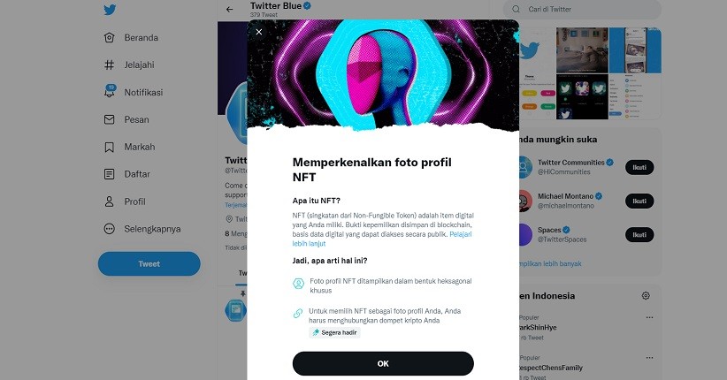 Twitter Gulirkan Gambar Profile NFT, tapi Baru Tersedia untuk Blue Subscribers 