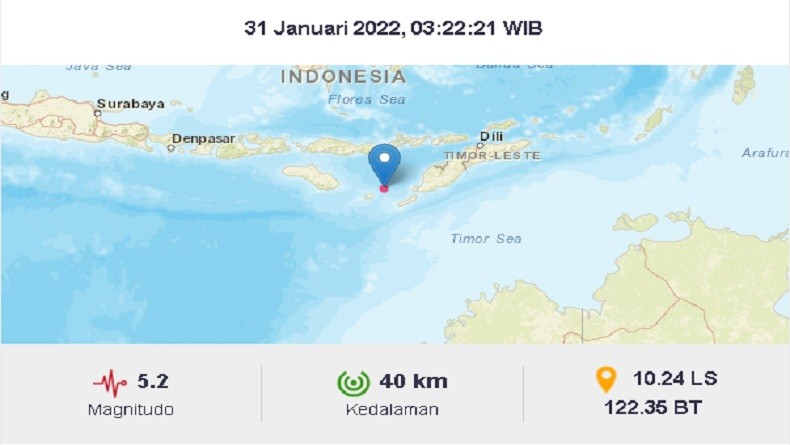 Gempa Terkini Magnitudo 5,2 Guncang Sabu Raijua NTT, Tidak Berpotensi Tsunami