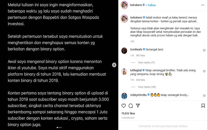 Crazy Rich Medan Indra Kenz Minta Maaf, Akui Platform Binomo Ilegal