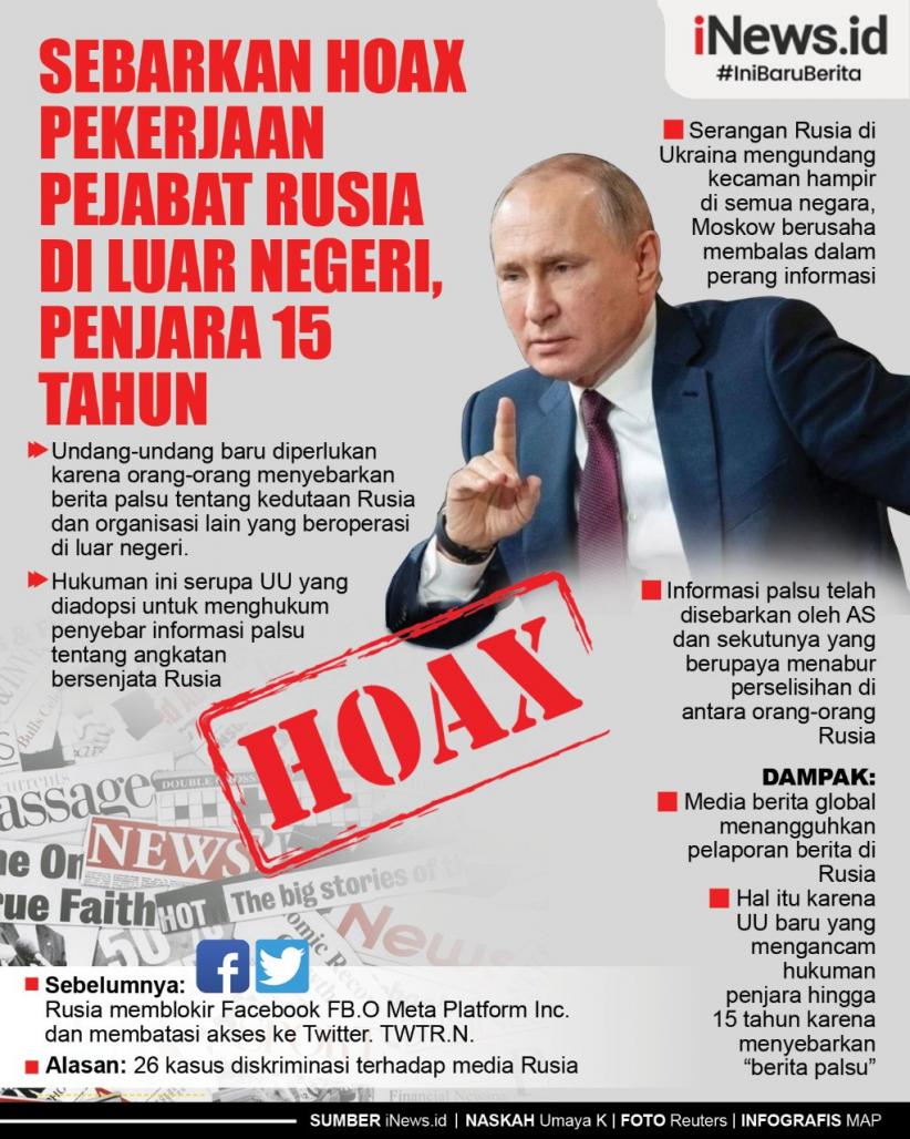 Infografis Sebarkan Hoax Pekerjaan Pejabat Rusia di Luar Negeri, Penjara 15 Tahun