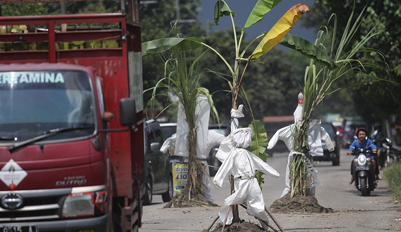 Protes, Warga Kediri Tanam Pohon Pisang dan Tebu di Tengah Jalan yang Rusak - Bagian 2