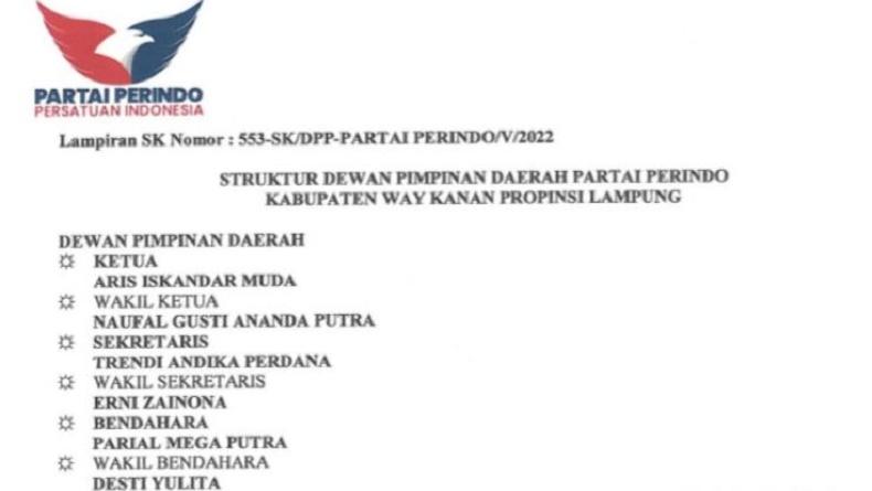 Ditunjuk Jadi Ketua Partai Perindo Way Kanan, Aris Iskandar Muda: Saya Akan Amanah