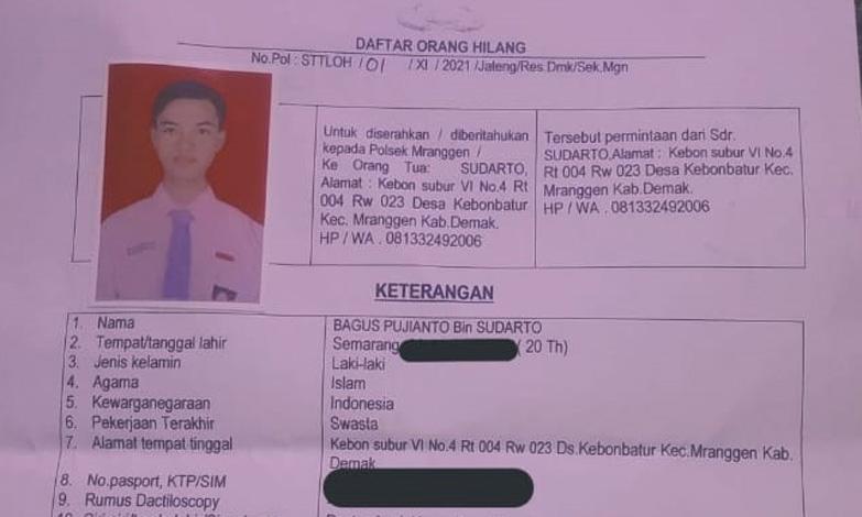 Polisi Masih Cari Keberadaan Bagus Pujianto, Warga Demak yang Hilang Sejak 2021