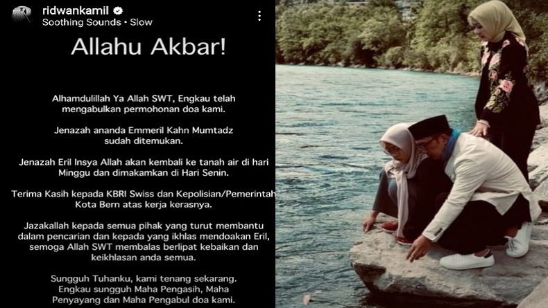 Jenazah Eril Ditemukan di Sungai Aare, Ridwan Kamil: Allahu Akbar! Alhamdulillah Ya Allah SWT