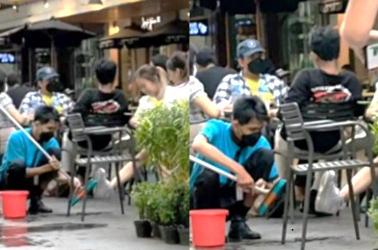 Viral OB Sambil Jongkok Bersihkan Sepatu Perempuan Seksi Tanpa Lepas Alas Kaki