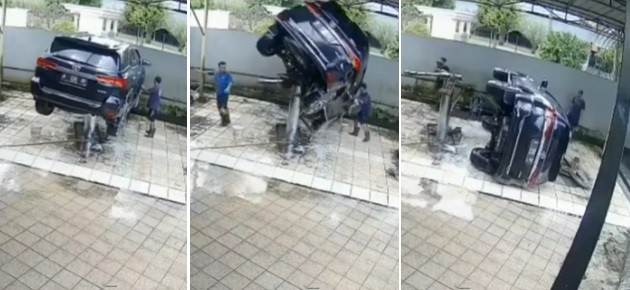 Viral Mobil Fortuner Jatuh saat Cuci Hidrolik, Netizen: Nyuci Rp50.000 Perbaikan Rp25 Juta