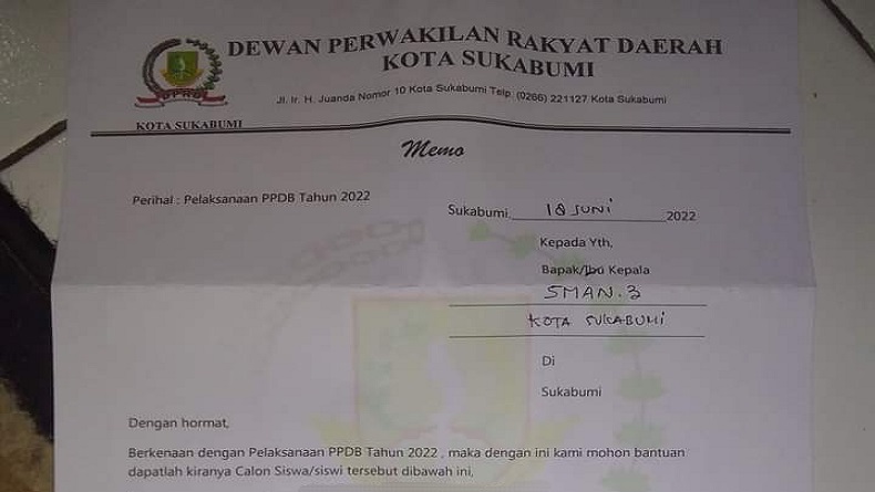 Heboh, Beredar Memo Anggota DPRD Titipkan Calon Siswa Baru di SMAN 3 Kota Sukabumi