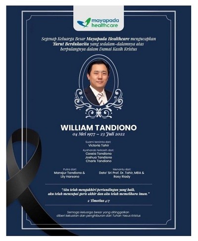 William Tandiono, Menantu Dato Sri Tahir,  Meninggal Dunia  