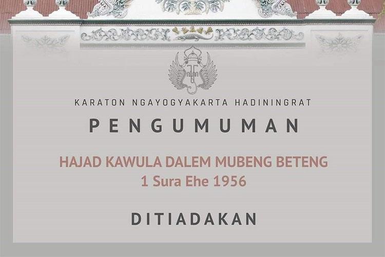 Keraton Yogyakarta Tiadakan Tradisi Mubeng Beteng Malam 1 Suro  