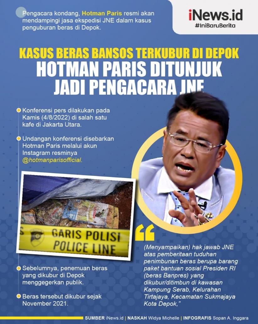 Infografis Hotman Paris jadi Pengacara JNE terkait Kasus Beras Bansos Terkubur di Depok