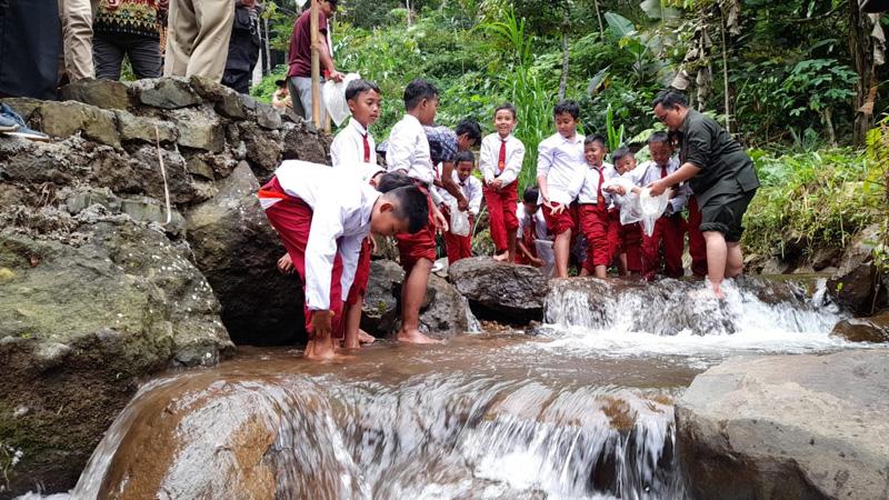 Rayakan HUT RI, Ratusan Siswa SD dan Pemuda di Banjarnegara Tebar 77.000 Benih Ikan ke Sungai