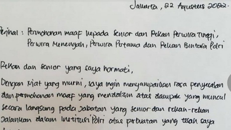 Ferdy Sambo Mengaku Menyesal: Saya Minta Maaf ke Senior dan Rekan Semua
