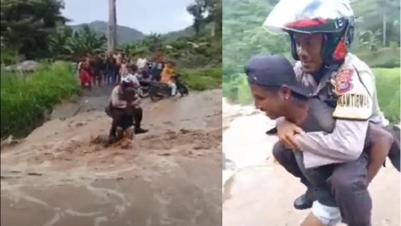 title Menegangkan, Aksi Warga Gendong Polisi Seberangi Arus Deras di Sikka Menegangkan, Aksi Warga Gendong Polisi Seberangi Arus Deras di Sikka