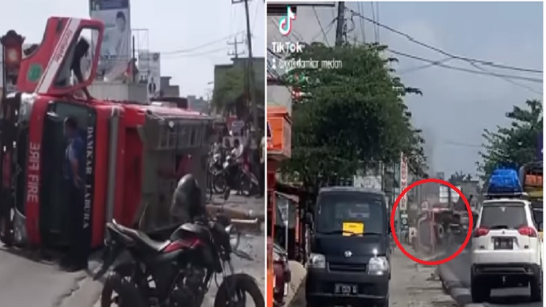 Viral Mobil Damkar Terbalik saat Menuju Lokasi Kebakaran di Asahan