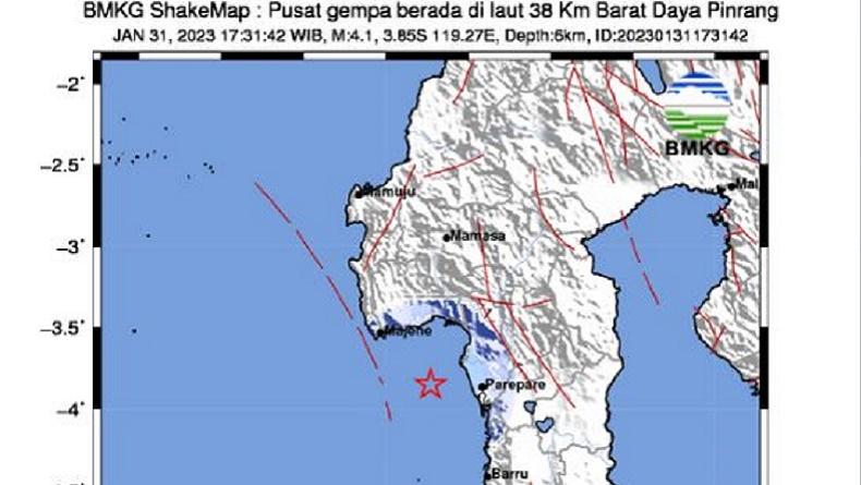 Gempa Terkini Magnitudo 4,1 Guncang Pinrang, Terasa hingga Majene