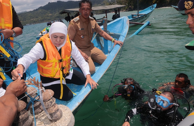 Gubernur Khofifah dan Bupati Trenggalek Tanam Terumbu Karang dan Apartemen Ikan