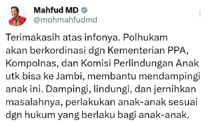 title Pemkot Jambi Bantah Maafkan Siswi SMP Pengkritik Wali Kota karena Atensi Mahfud MD Pemkot Jambi Bantah Maafkan Siswi SMP Pengkritik Wali Kota karena Atensi Mahfud MD