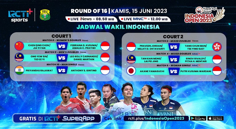 Link Live Streaming Indonesia Open 2023 Babak 16 Besar Hari Ini, Gratis