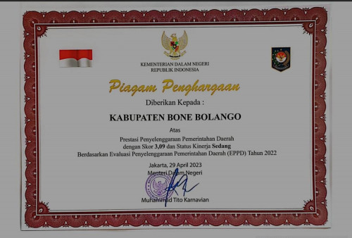 Bone Bolango Duduki Peringkat 15 dari 400 Kabupaten Peraih EPPD Kemendagri