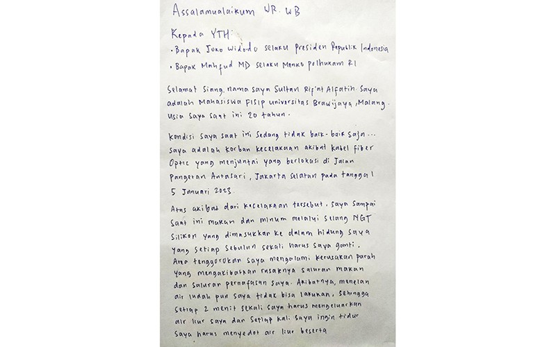 Mahasiswa Universitas Brawijaya dengan Selang di Hidung Kirim Surat ke Jokowi - Bagian 2