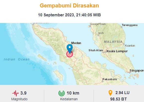 Info BMKG Gempa Terkini 10 September 2023 Guncang Karo M 3,9, Pusat di Darat