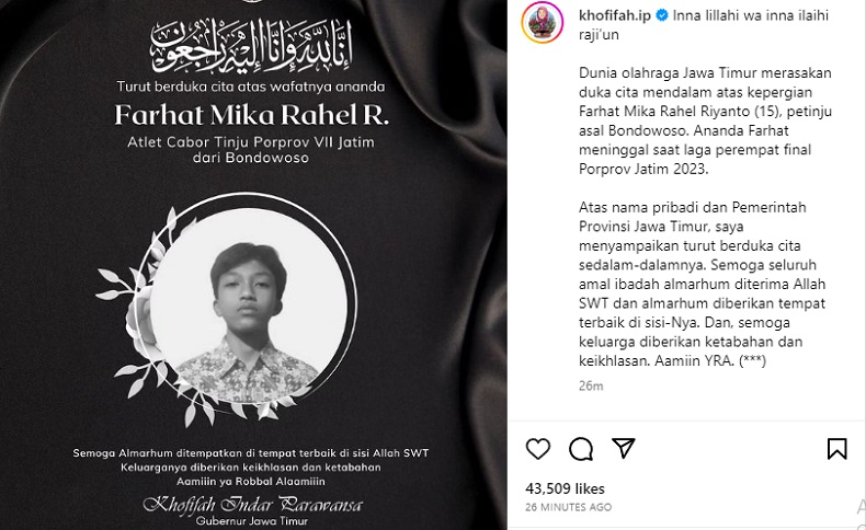 Atlet Tinju Meninggal di Ajang Porprov, Gubernur Kofifah Unggah Pesan Duka di Instagram