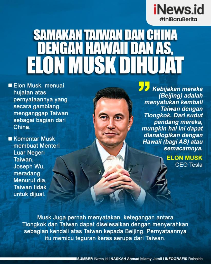 Infografis Samakan Taiwan dan China dengan Hawaii dan AS, Elon Musk Dihujat 