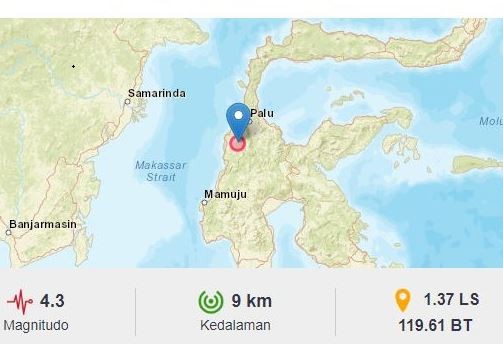 Gempa Hari Ini Baru Saja Guncang Donggala M 4,3 Pusat di Darat