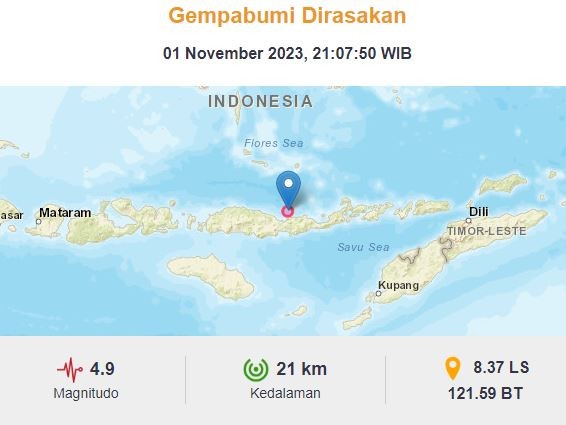 Gempa Terkini Baru Saja Guncang Nagekeo NTT M 4,9 Pusat di Laut