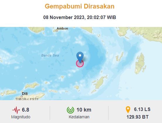 Gempa Terkini M 6,8 Guncang Tanimbar Maluku, BMKG: Pusat di Laut Kedalaman 10 Km