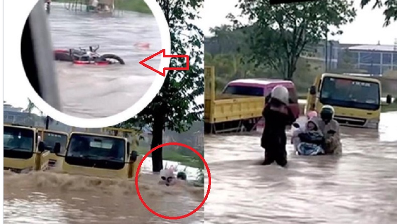 Aksi Heroik Pria Tinggalkan Motor Tenggelam demi Selamatkan Ibu dan Anak Diterjang Banjir