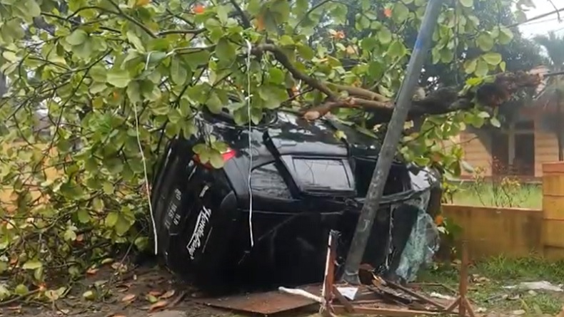 Kecelakaan di Kota Bengkulu, Honda Jazz Terguling Tabrak Pohon dan Lapak Pedagang
