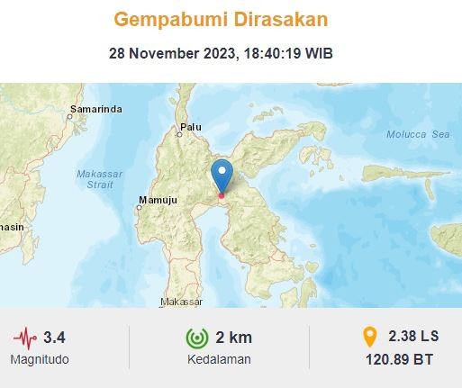 Pusat Gempa Luwu Timur Hari Ini M 3,4 di Darat, Kedalaman 2 Km