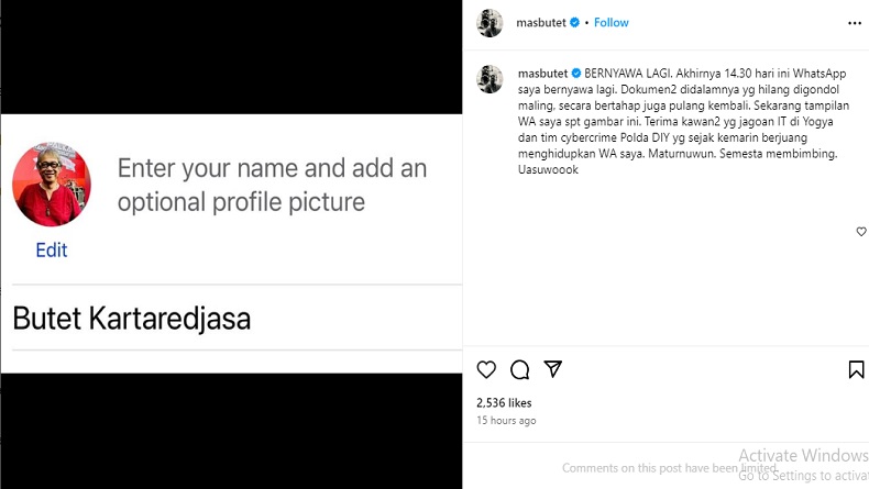 WhatsApp Butet Kartaredjasa Pulih, Ngaku Dibantu Jagoan IT dan Polda DIY