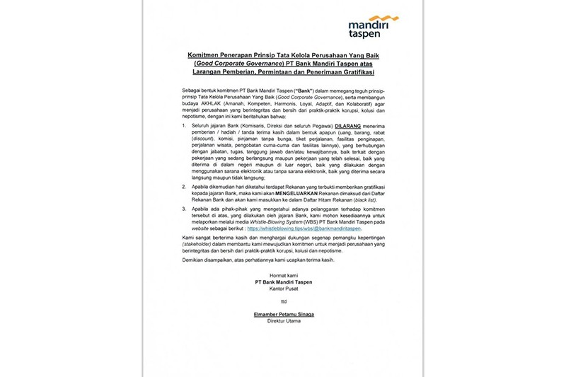 Terapkan Prinsip Tata Kelola Perusahaan Yang Baik, Bank Mandiri Taspen Keluarkan Larangan KKN - Bagian 1
