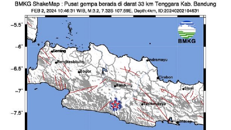 Gempa Terkini M3,2 Guncang Bandung, Berpusat di Darat Kedalaman 4 Km