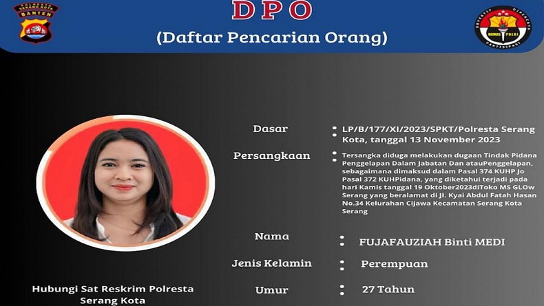 title Perempuan Cantik asal Pandeglang Diburu Polisi, Diduga Gelapkan Uang Perusahaan Rp1,3 Miliar Perempuan Cantik asal Pandeglang Diburu Polisi, Diduga Gelapkan Uang Perusahaan Rp1,3 Miliar