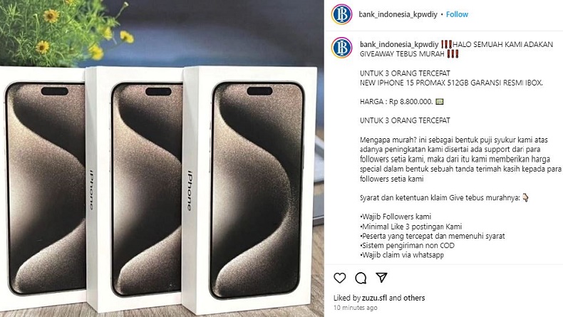 Akun IG Bank Indonesia Yogyakarta Diduga Diretas, Beri Giveaway iPhone 15 Pro Max