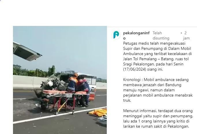 Ambulans Bawa Jenazah Tabrak Truk Di Tol Pemalang-Batang, 2 Tewas 1 Kritis