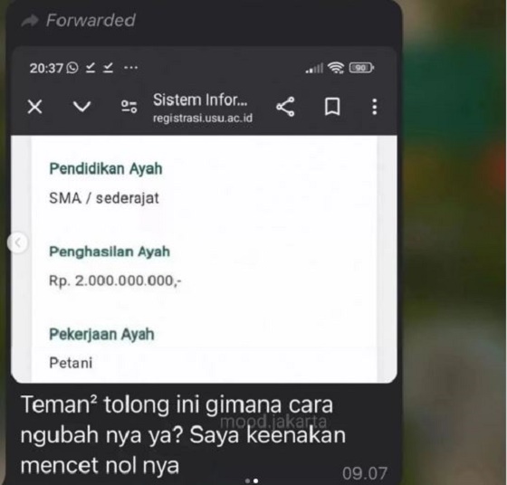 calon mahasiswa USU Calon mahasiswa USU salah isi data penghasilan orang tua. (Foto: IG)