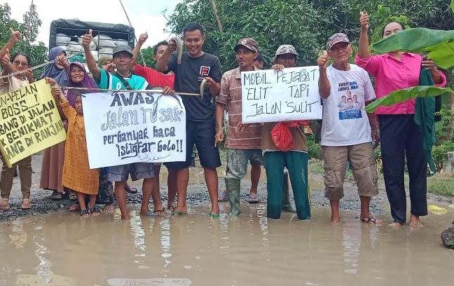 Tak Kunjung Diperbaiki, Warga Lampung Selatan Tebar Ikan Lele di Kubangan Jalan Rusak