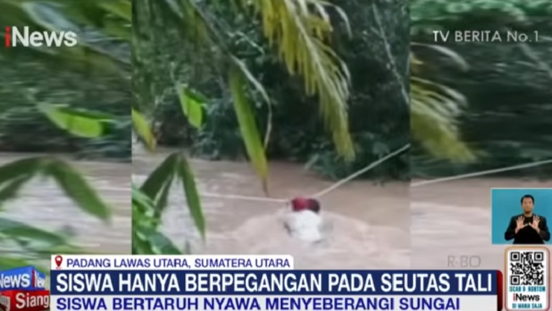 Potret Memilukan di Padang Lawas Utara, Bocah SD Berpegangan Tali Seberangi Sungai Deras